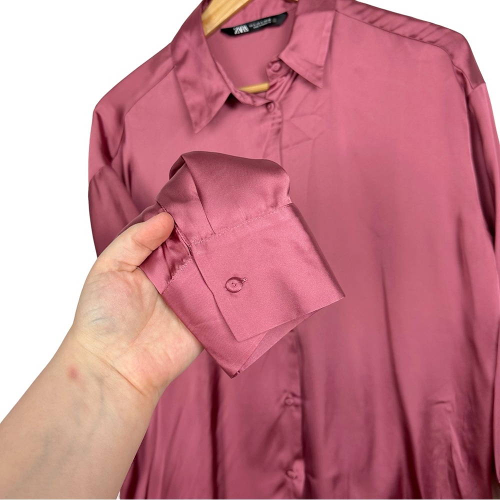 ZARA Satin Effect Oversized Loose Collared Button Down Dolman Sleeve Blouse Pink - Picture 9 of 14